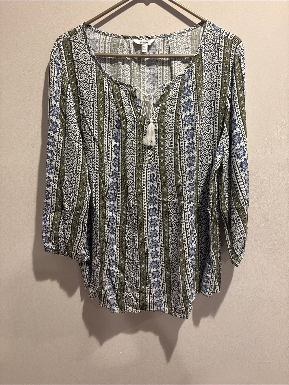 Sonoma Olive & Blue Striped Boho Tassel Tunic